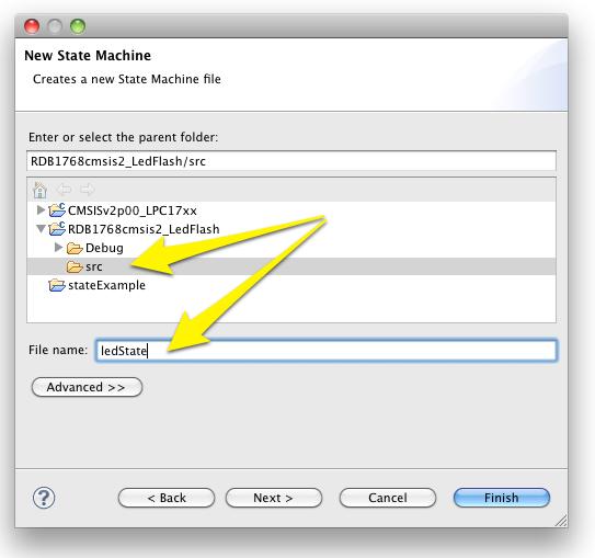 Figure 18.3. Choosing a filename for a new state machine Select Software state machine from the Target drop-down list, and keep the other default options.