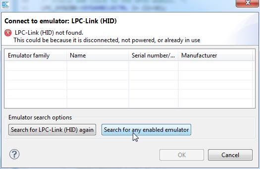 Figure 4.8. LPC-Link no longer connected This might have been because you had forgotten to connect the probe, in which case connect it to your computer and select Search for LPC-Link (HID) again.