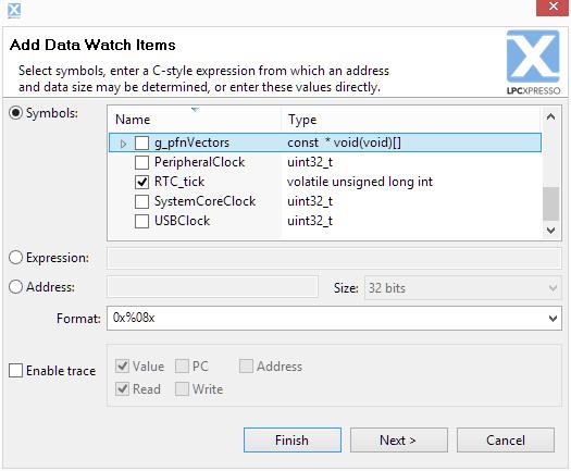 Figure 13.2. Add Data Watch Items These locations may be specified by selecting global variables from a list; by entering a C expression; or by entering an address and data size directly.