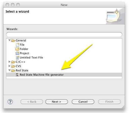 Figure 17.1. Creating a new state machine Select the Red State Machine file generator and press the Next button. In the New State Machine dialog, make sure that the src folder is selected.