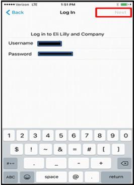 Continue setting up DEP-Register your device to be able to access Lilly resources. 6. Enter Lilly credential (Lilly Login ID & Password) and tap on Next.