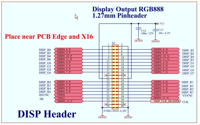 7 Interfaces 7.1 Display Outputs 7.1.1 Display Outputs via Pin Headers (also for Glyn TFT Family Displays) The board routes the RGB888 output of the display unit of MB88F336 'Indigo2- N' to 1.