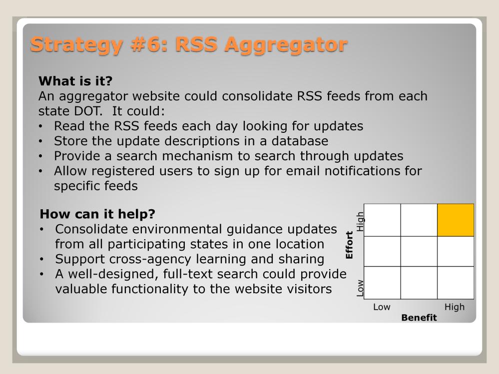 If state DOTs agree to develop RSS feeds for their environmental guidance, an aggregator website could be developed to consolidate the feeds from each state DOT and provide a consistent, easy-to-use