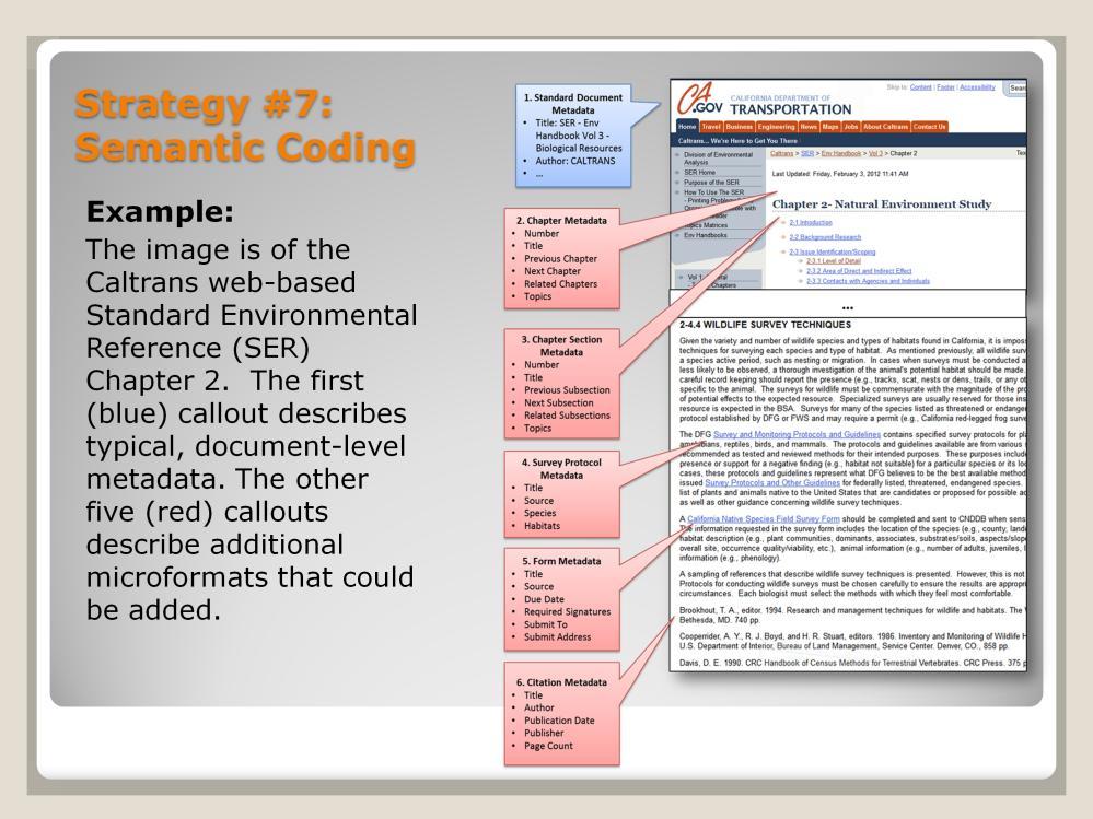 The figure is an example of semantic data that could be added to an environmental guidance web page. The image is of the Caltrans web-based Standard Environmental Reference (SER) Chapter 2.