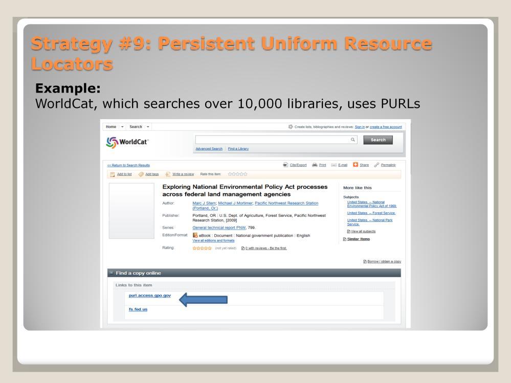 A screen shot of the PURL link used by the WorldCat library