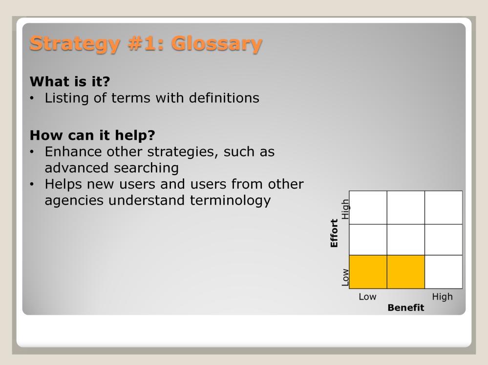 A simple approach to address several challenges associated with searching for information, both within an agency and across agencies, is to use a glossary or similar listing of terms with definitions.