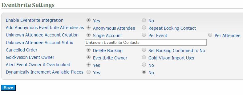 Eventbrite Administration Set Up In the Gold-Vision Administration Console, you can view the standard integration settings. You can choose to change these settings according to your needs.