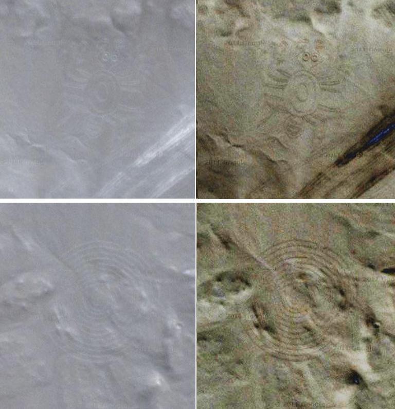 Fig. 3. Here two geoglyphs in the azca Desert, Peru (coordinates: 14.9997S, 75.0125W). The azca geoglyphs, known as the azca Lines, are the most famous negative geoglyphs of Peru.
