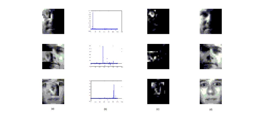 Figure 4: Face recognition under occlusion. The left figure shows some examples. Column (a): test images from the dataset with random occlusion. Top row: 10% pixels occluded.