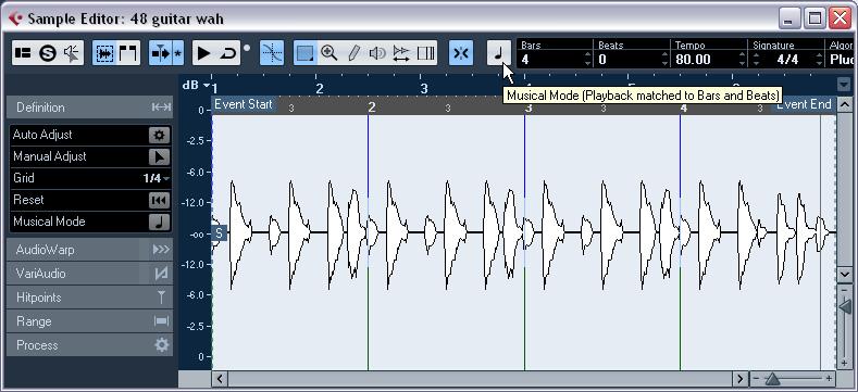 AudioWarp: Tempo matching audio AudioWarp means realtime time stretching functions in Cubase Studio.