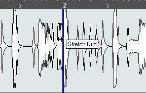 6. In the upper part of the waveform, move the mouse pointer to the vertical line nearest to the second bar so that the tooltip Stretch Grid and a blue vertical line are shown.