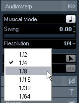 Applying swing If you find that your audio sounds too straight, e.g. after having quantized it with the Auto Adjust function, you can add swing. Proceed as follows: 1. Activate Musical Mode. 2.