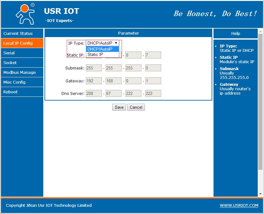 User can change Static IP/DHCP by web server. Setting diagram as follow: USR-M511User Manual Technical Support: h.usriot.