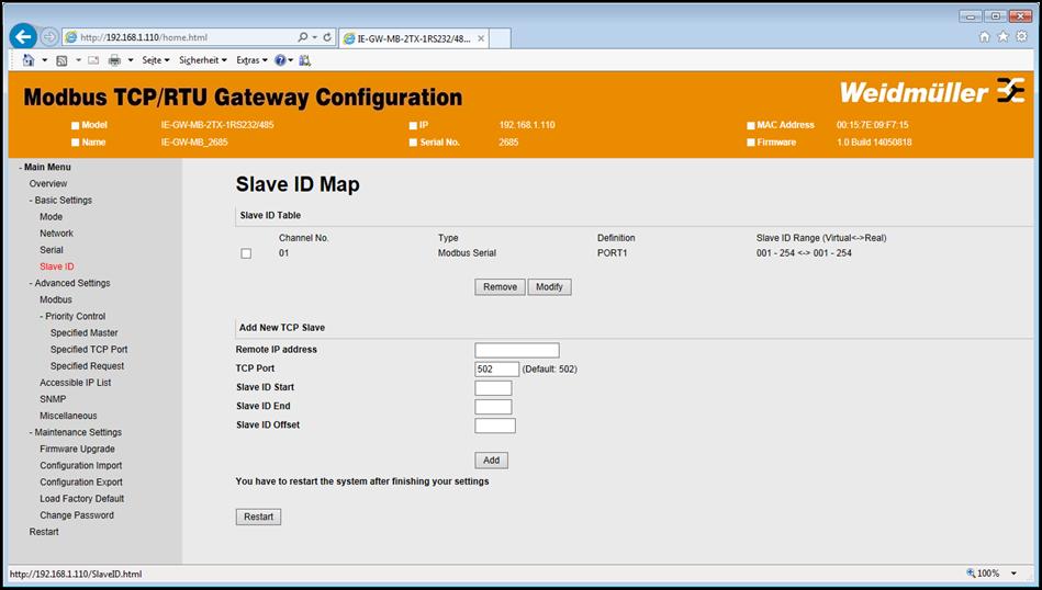 7.1.1.4 Basic Settings Slave ID The menu item Slave ID Map is where the slave ID s of the serial Modbus devices are managed.