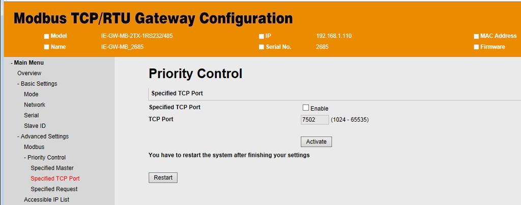 Advanced Settings Priority Control Specified TCP Port Advanced Settings Priority Control Specified Request To define a priority request, enable the appropriate priority scheme (Specified Masters,