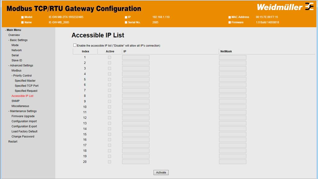 7.1.2.3 Advanced Settings Accessible IP List The Modbus Gateway uses an IP address-based filtering method to control access by itself.