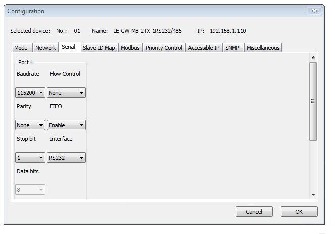 Configuration Tab Serial Parameters of the serial interface