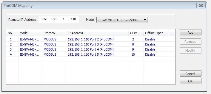 Note: The IP address of the selected Modbus Gateway automatically is used if the item was highlighted. If you want you can change the IP address referring to another Modbus Gateway. 2.