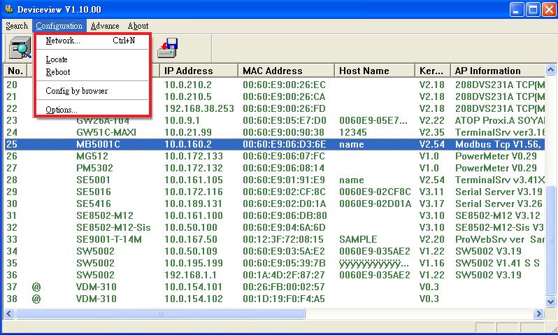 Network The user can modify the IP address of any selected device,