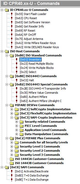 5.4.1. Commands The Commands window contains all the Reader protocols associated with the Reader and the ISO Host Commands for communication with transponders in ISO Host Mode.