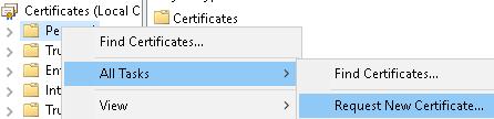 11. Right-click the Personal node, click All Tasks and then Request New Certificate. 12. Click Next. 13.
