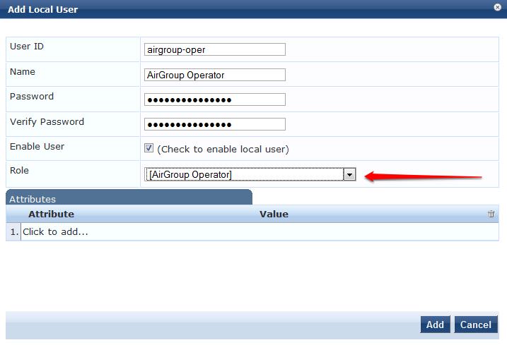 Figure 9 Create an AirGroup Administrator In this example, as in past documentation, the password used is test123. Click Add.