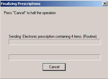 Progress Bar Note If Cancel is pressed to halt the operation, the process is aborted after the current prescription is processed and no further prescriptions are