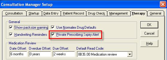 Private Prescribing Alert Set-up You can disable the private prescribing alert from Consultation Manager: 1. In Consultation Manager, go to Consultation Options Setup Therapy.