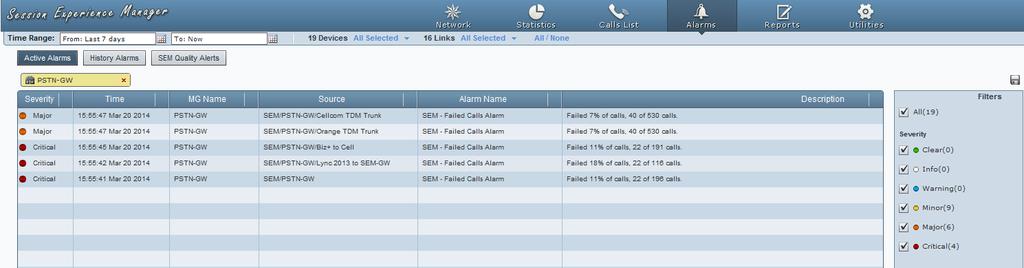 SEM Figure 8-2: Alarms Page - Active Alarms