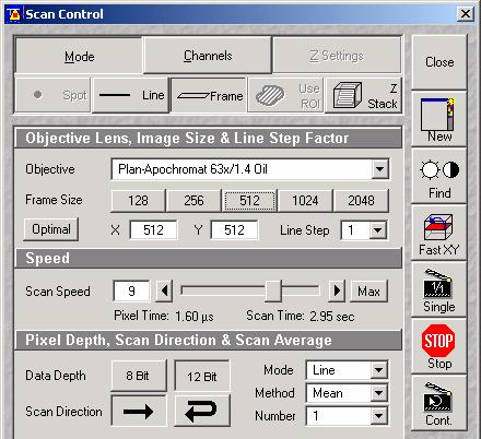 Scanning an image Click on the Scan button in the Acquire subordinate toolbar to open the Scan Control window (Fig. 16). Setting the parameters for scanning Select Mode in the Scan Control window.