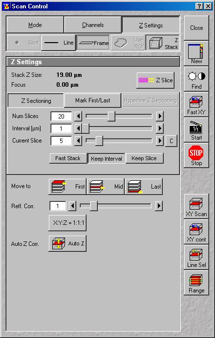 Fig. 22 Scan Control window, Z Stack settings Scanning a Z stack Select Z Stack in the Scan Control window. Select Frame Select Mark First/Last on the Z Settings panel. Click on the XY cont button.