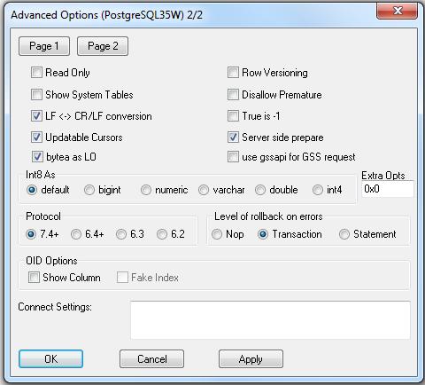 The Advanced Options (drivername) 2/2 dialog box opens. 15. Select the bytea as LO check box. 16.