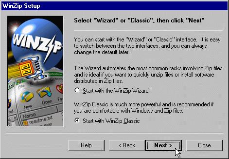 Personally, I prefer WinZip Classic, so select the bottom Radio Button (Start with WinZip Classic)