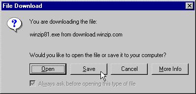 After selecting the Save button, this window will appear asking you to designate a location for the WinZip program.