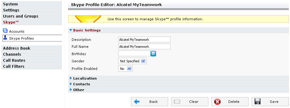 Administration tool: enterprise communication services over Skype Web-based management Skype accounts, virtual numbers,