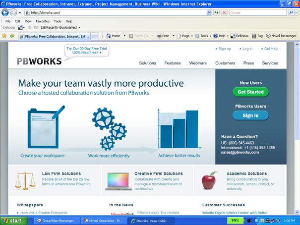 Creating Your First Wiki with PB Works 1. Go to the PB Wiki Site: http://www.pbworks.com 2. Click Sign Up 3. Select the Basic Plan which is the free plan and includes 2 GB of storage space. 4.