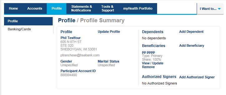 Profile Profile Summary The Profile tab will assist with reviewing your personal demographic information, along with offering the functionality to add an external bank