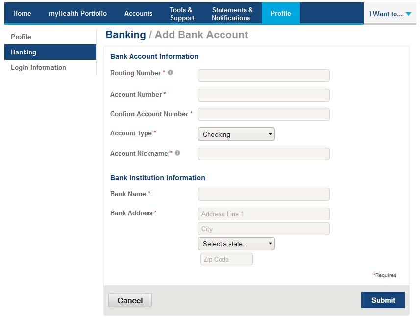 Click on the Add Bank Acccount link and enter the information regarding your checking or savings account and Financial Institution name and address. Click Submit button at the bottom of the screen.