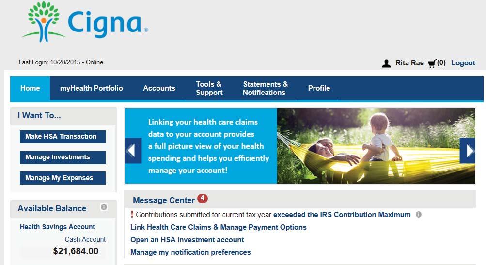 The left side of the Home Page provides I want to links to take actions related to your account: a. Make HSA Transaction (Contribution or Withdrawal) b. Manage Investments c.