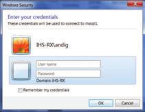 Use another account : Enter the following in the User name field ihs-rx\ (followed by Facility ID) USE