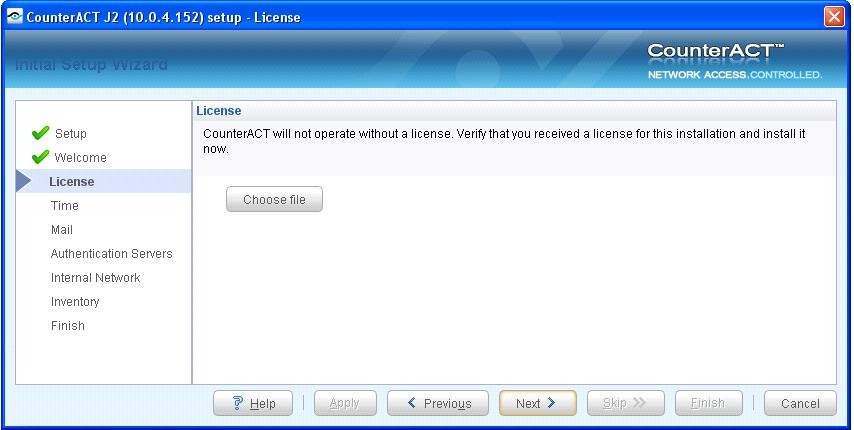 Chapter 8: CounterACT Virtual Systems To install a demo license: 1. In the License page, select Choose file. Initial Setup Wizard License Page 2. The Choose the license file dialog box opens.