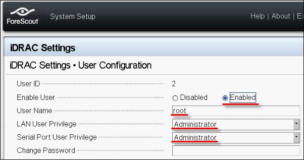 Chapter 3: Appliance Setup and Configuration, and Post-Installation Procedures 7. Select User Configuration. 8. Configure the following User Configuration fields for the root user: Enable User.