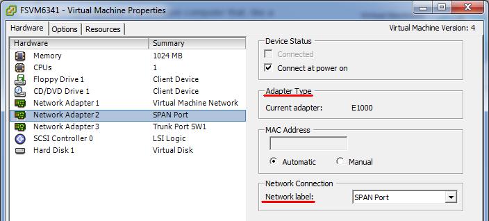Virtual Machine Properties Dialog Box 3. For each interface verify that: The Adapter Type is defined as E1000. The Network label is configured with the correct virtual switch.