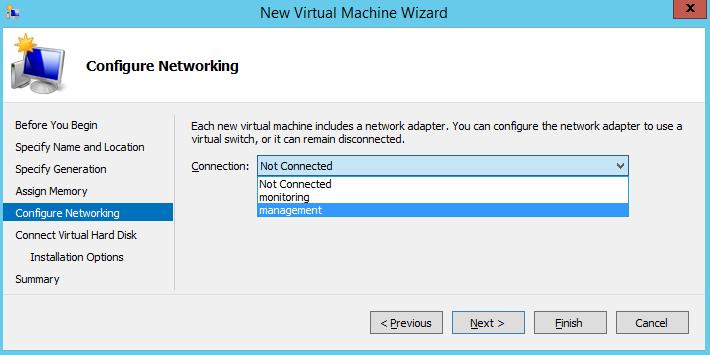 Chapter 8: CounterACT Virtual Systems 5. Select the Management network adaptor configured in Configuring Virtual Switches and select Next.