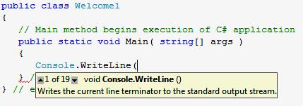 3.3 Creating a Simple Application in Visual C# Express (Cont.) When you type the open parenthesis character, (, after a method name, the Parameter Info window is displayed (Fig. 3.8).