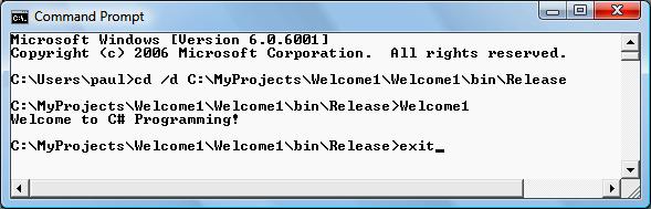 3.3 Creating a Simple Application in Visual C# Express (Cont.) To Enter the command cd (which stands for change directory ), followed by the directory where the application s.
