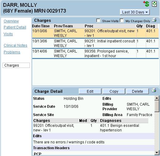 THE PATIENT LIST TAB Displaying or Editing Charges This option displays charge transactions for a particular patient.