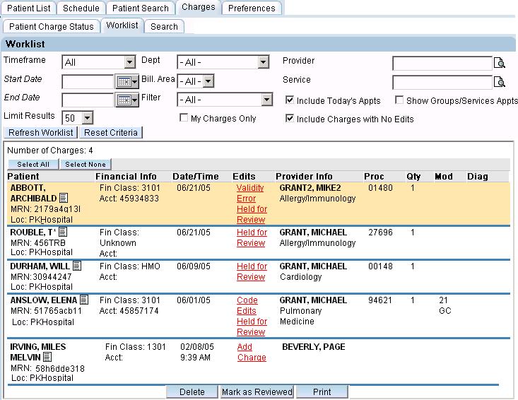 THE CHARGES TAB Worklist The Worklist report is used as a tickler file to identify visits with potential or actual billing errors, visits for which charges have not yet been posted, and visits which