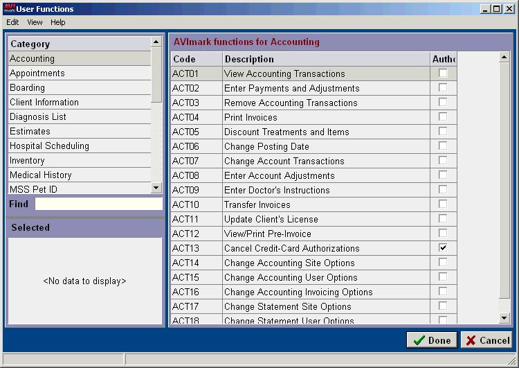 From the Category section, click System Administration. From the AVImark functions for System Administration section, point to ADM01, Administer AVImark (System-wide Authority).