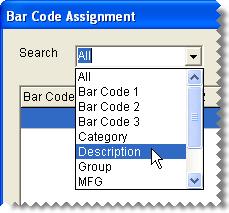 4. Click Assign Bar Codes. The Bar Code Assignment screen appears. 5. Look up items that need to be assigned bar codes: a. Select one of the lookup options from the Search drop-down list. b. Type the first few letters or numbers for the search option in the Find field.